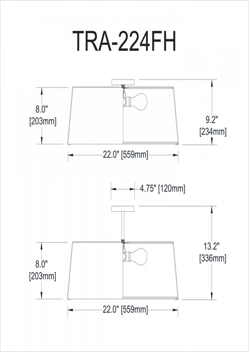 Plafonnier affleuré Trapezoid de Dainolite avec abat-jour cylindrique effilé noir et crème qui diffuse la lumière, tissu blanc et 4 ampoules