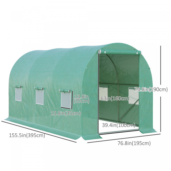 Outsunny 13' X 6' X 6' Serre De Jardin Tunnel Avec Porte Zippee + 6 Fenetres Enroulables Avec Moustiquaires Metal Galvanise Bache Pe Haute Densite Vert