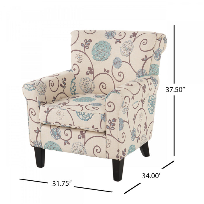 Fauteuil D’appoint Catherine En Tissu aspect lin Avec Pieds En Bois - Blanc Et Bleu