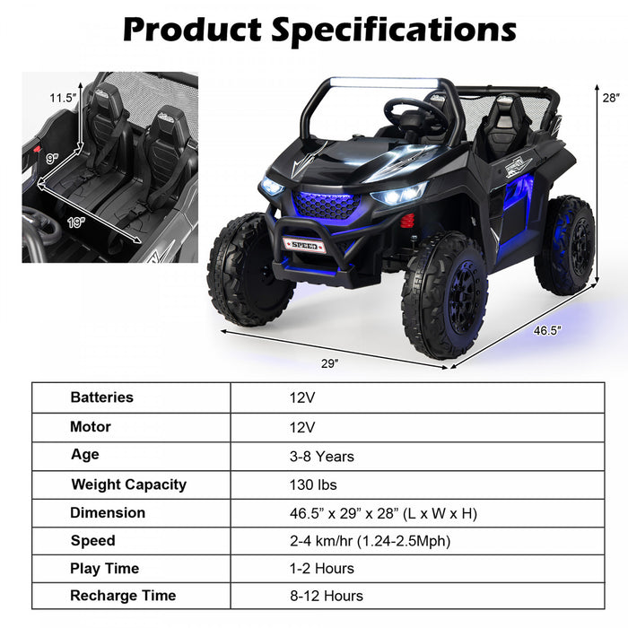 Voiture Electrique 12v Pour Enfant, 2 Modes De Conduite, Avec Telecommande Effets Sonores Lumineux, Vehicule Tout Terrain Avec 2 Sieges Pour Enfant 3-8 Ans, Charge 59kg, 118x74x71cm, Noir/rose