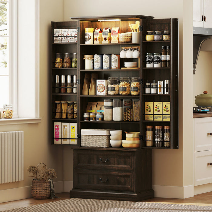 HOMCOM Armoire de cuisine 72\" avec eclairage LED et etageres de porte, Brun