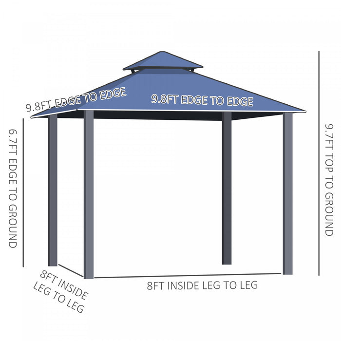 Outsunny 10' X 10' Pavillon D'exterieur A Toit Rigide En Polycarbonate Avec Toit A Deux Niveaux, Cadre En Acier Stable, Rideaux Et Parois Laterales En Filet
