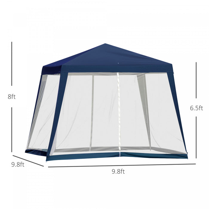 Outsunny 10x10ft Gazebo Tente Patio Auvent En Plein Air Fete Activite Pare-soleil Jardin Abri Soleil Maille Ecran Murs Slant Leg Bleu