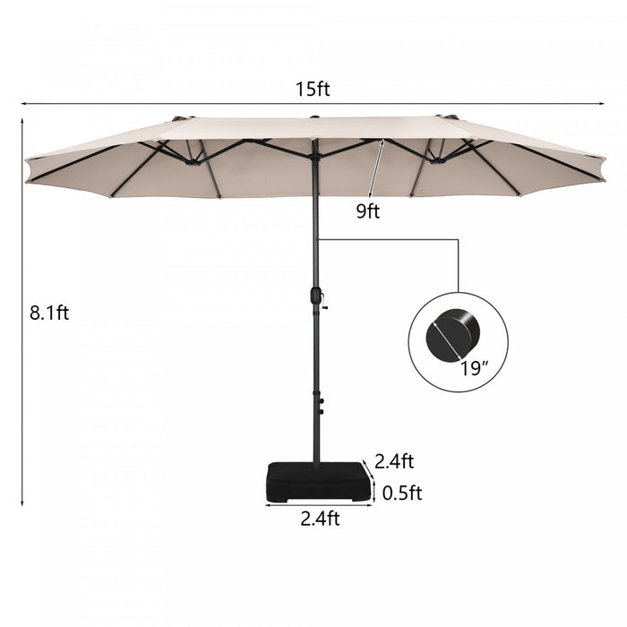 Parasol de patio jumeau double face Costway de 15 pieds, ombrage exterieur, manivelle et base de marche beige