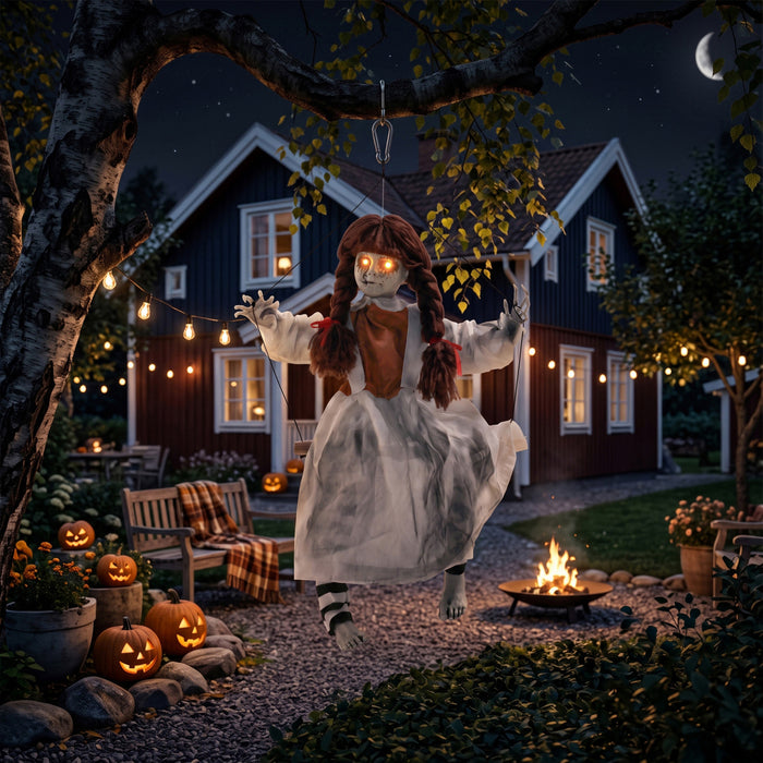 HOMCOM Decoration d'Halloween animee fillette effrayante sur balancoire