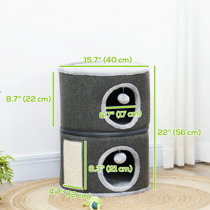 Pawhut Tour En Tonneau Pour Chat A 3 Etages, Tonneau Pour Chat De 22 Po Avec 2 Cachettes, Petit Arbre A Chat Avec Planche A Gratter En Sisal, Coussins Amovibles, Gris Fonce