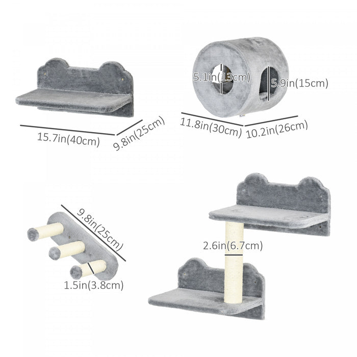 Pawhut Etageres Murales Pour Chats 4pcs, Ensemble D'etageres D'escalade Murales Pour Animaux De Compagnie, Centre D'activites Pour Chatons Avec Condo, Coussin, Griffoir, Plate-forme De Saut, Gris