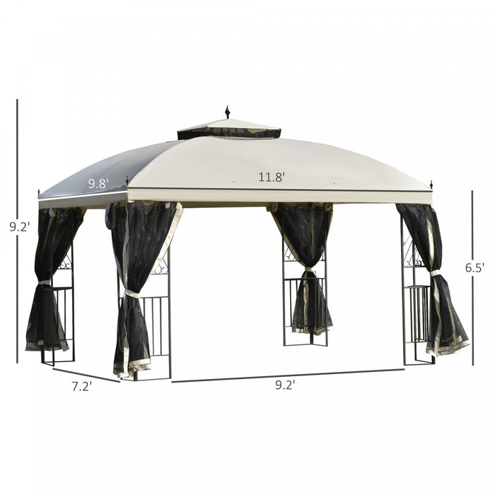 Auvent De Tonnelle De Terrasse Exterieure Outsunny 12 Pi X 10 Pi Avec Toit A Deux Niveaux, Parois Laterales En Maille Amovibles, Etageres De Presentation Triangulaires, Beige