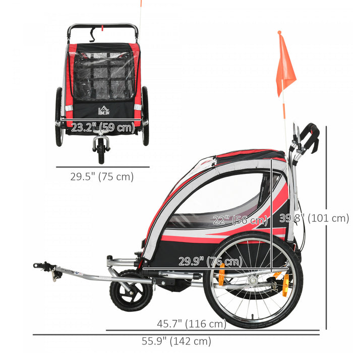 Aosom Remorque Velo Enfant 2 En 1, Poussette Bebe Avec Frein, Sac De Rangement, Drapeau De Securite, Reflecteurs Et Harnais 5 Points, Rouge