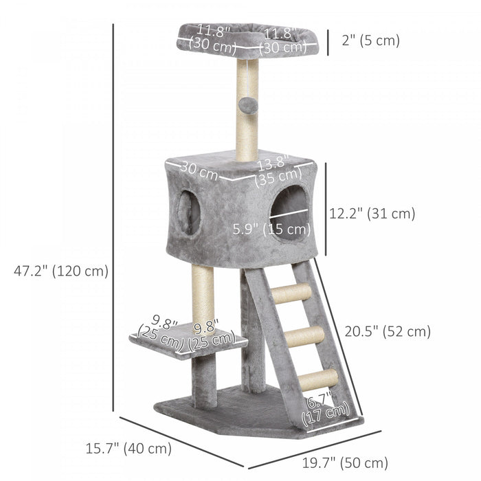 Pawhut Arbre A Chat De 119,4 Cm, Tour A Plusieurs Niveaux Avec Condo, Centre D'activites D'escalade Pour Chat Avec Griffoirs En Sisal, Echelle, Perchoir En Peluche Et Boule Suspendue, Gris Clair