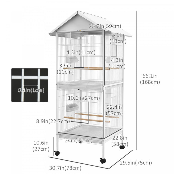 Pawhut Mangeoire Cage A Oiseaux En Metal Forge Avec Support Roulant Perchoirs Contenants Alimentaires Portes Roues 67\" H, Blanc