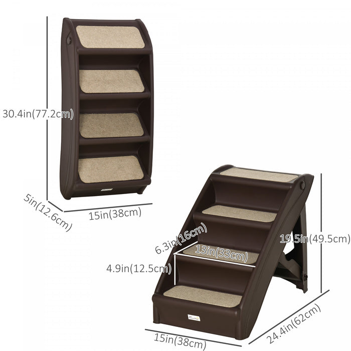 Pawhut Escalier Pour Chien Portable A 4 Niveaux, Rampe Pliable Pour Chiens, Escaliers Pour Chats, Avec Tapis Antiderapant Lavable Et Amovible, Pour Lit Haut, Canape, Jusqu'a 44 Lbs, Brun Fonce