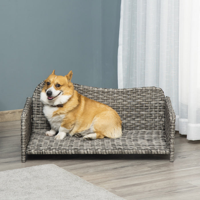 Pawhut Canape Pour Animaux En Rotin, Lit Sureleve En Osier Pour Chien, Canape Chien Chat, Coussin Doux Et Lavable Pour L'interieur Et L'exterieur, Pour Petits Et Moyens Chiens, Gris Clair