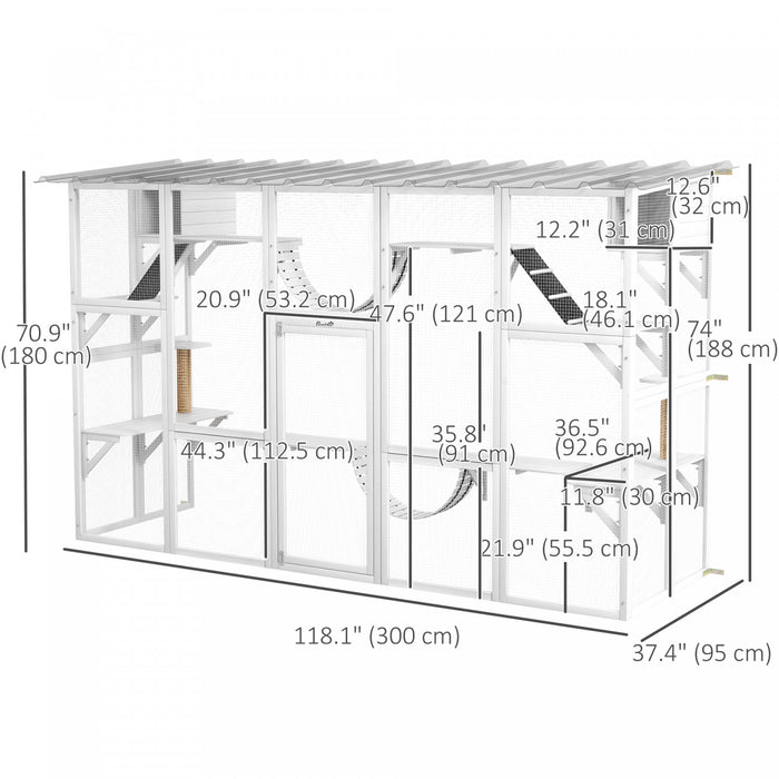 Pawhut Catio Maison D'exterieur Pour Chat Avec Toit De Protection Contre Les Intemperies Pour Plusieurs Chatons, Cadre En Bois, Etageres Et Ponts, 118\" X 37.5\" X 74\" , Blanc