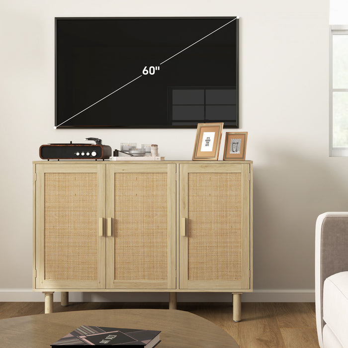 HOMCOM Buffet Boheme avec 3 portes en rotin et etageres, Chene
