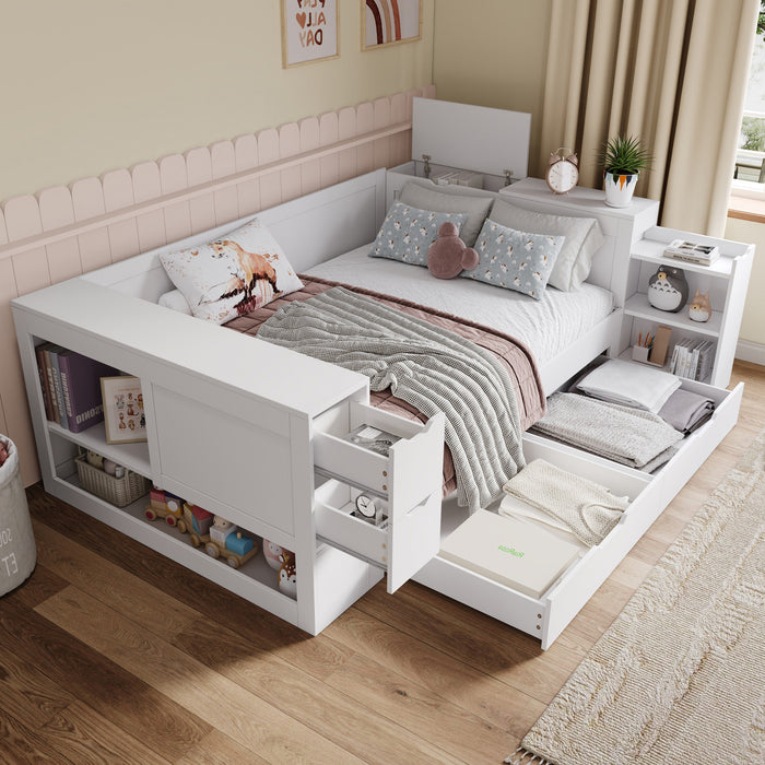 Banquette-lit Mason avec tete de lit de rangement et cadre de lit multifonctionnel avec rangement, taille full, blanc