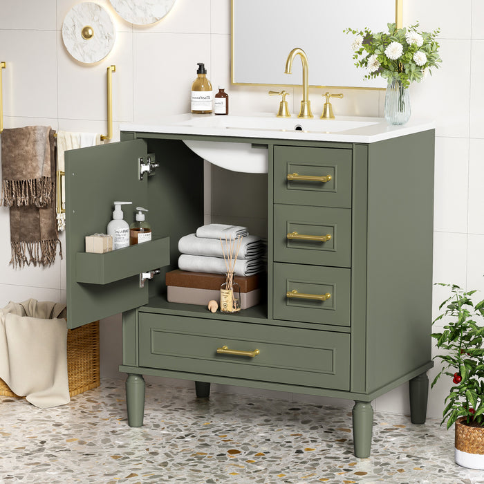 Emerson Meuble de salle de bain 30 pouces avec vasque en ceramique et trois tiroirs, Vert olive