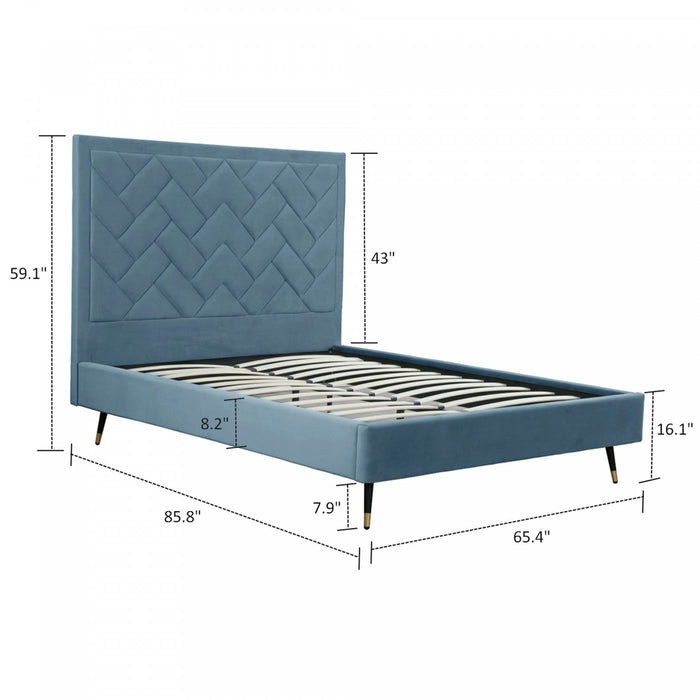Lit Queen Moderne Crosby Rembourre en Velours Bleu
