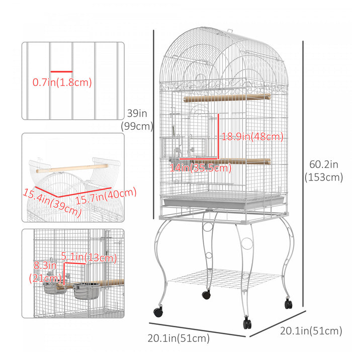 Pawhut Cage A Oiseaux A Dessus Ouvert De 60\" Pour Pinsons, Canaris, Perruches, Avec Support Roulant, Plateau Amovible, Etagere De Rangement