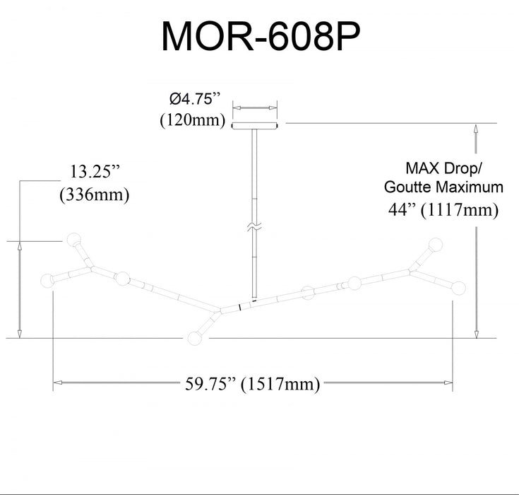 Luminaire suspendu horizontal Morgan de Dainolite avec fini noir mat et laiton vieilli et 8 ampoules