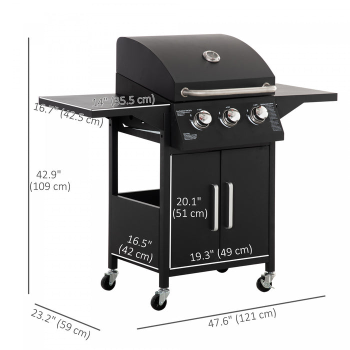 Outsunny Gril a gaz a 3 bruleurs avec roulettes, etageres, thermometre Noir
