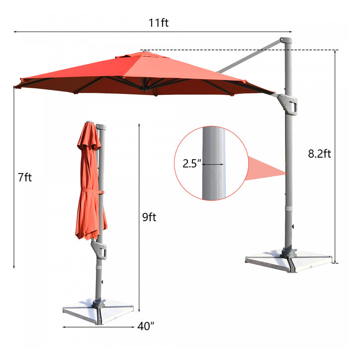 Costway Parasol deporte 11ft pour terrasse a rotation cantilever, aluminium, inclinable, base croisee, orange