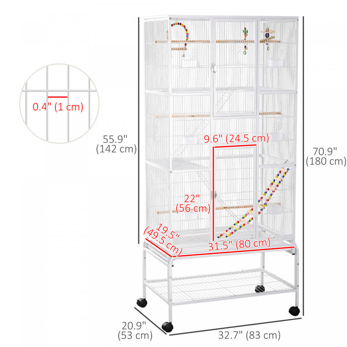 Cage A Oiseaux 71\" Avec Roues, Perchoirs, Rampe, Etagere