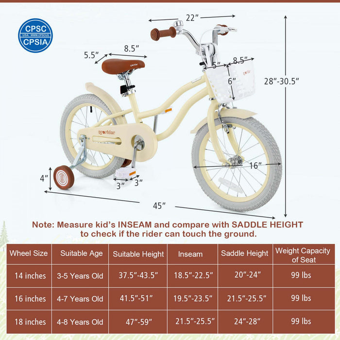 Prorider 16\" Enfants Velo Tout-petit Velo Reglable Avec Roue D'entrainement Pour 4-7 Ans Fille Beige
