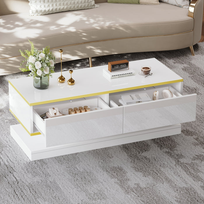James table basse – table avec 2 tiroirs et details dores, blanc