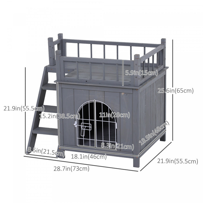 Pawhut Abri Pour Chats En Bois, Exterieur, Etanche Et Sureleve, A Deux Niveaux, Avec Balcon, Gris