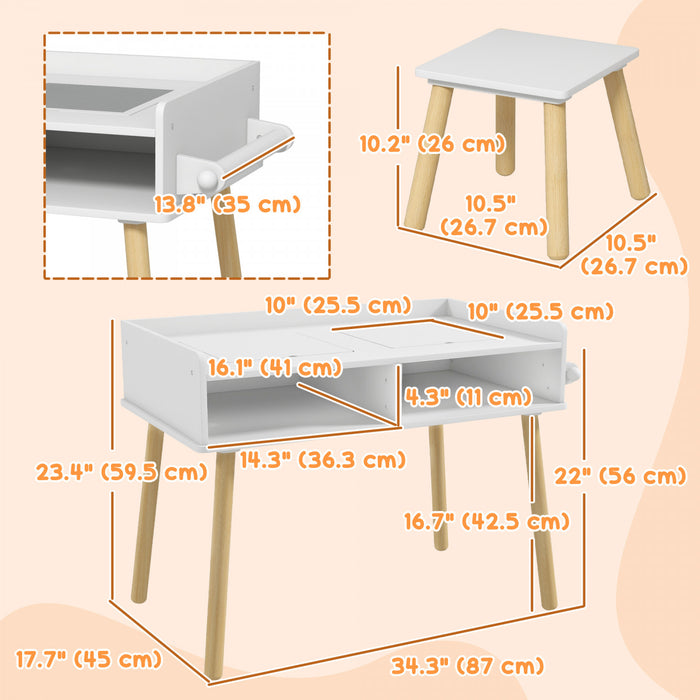 Qaba Ensemble Table Et Chaise Pour Enfants, Table D'activites 3 En 1 Pour Tout-petits, Rouleau De Papier, Rangement, Pour Jouer, Dessiner, Lire, Pour Creche, Salle De Jeux, Gris