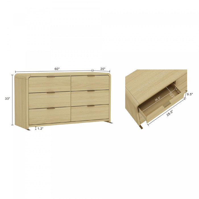 Commode moderne Grace 60\" en chene naturel (6 tiroirs)