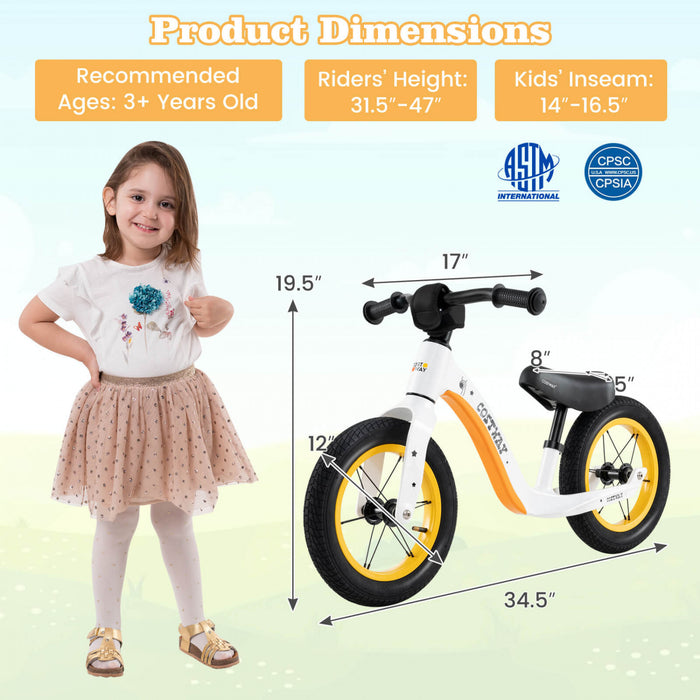 Costway 12 Pouces Magnesium Tout-petit Equilibre Velo Sans Pedale Formation Tout-petit Equilibre Velo Blanc