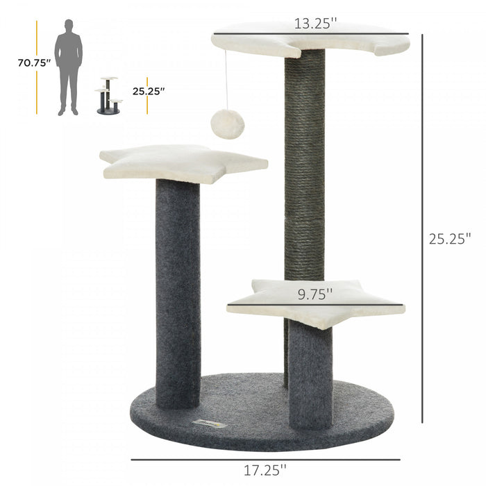 Pawhut 30\" Arbre A Chats Style Cosy Chic Centre D'activites 3 Plateformes Griffoir Sisal Naturel Boule Suspendue Panneaux Particules Peluche Courte Gris Et Blanc