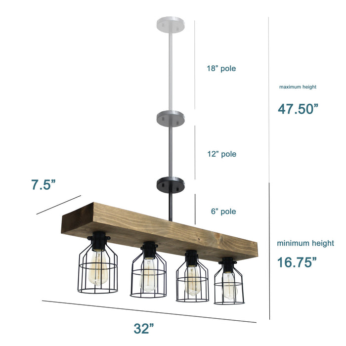 Abell Suspension rustique en bois a 4 lumieres, Onyx, 32 po L