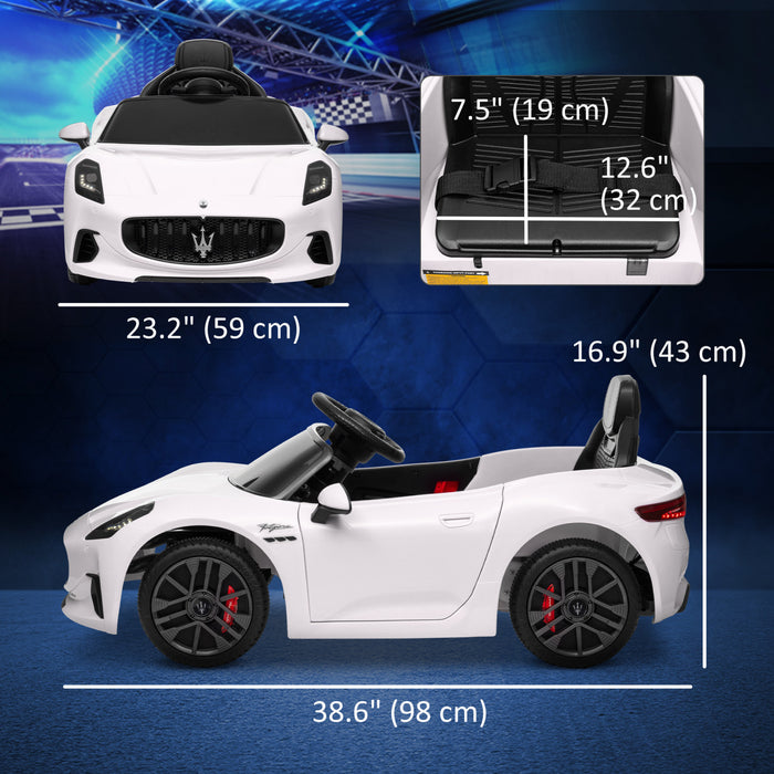 Qaba Voiture Electrique 12v Pour Enfant, Maserati Gran Turismo Sous Licence, Voiture Pour Enfants Alimentee Par Batterie Avec Telecommande, Lumieres Led, Musique, Klaxon, Mp3 Blanc