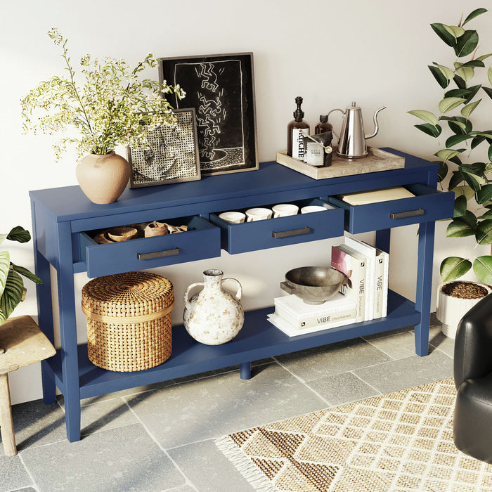 Table d'entree Emma 59,1'' de style ferme avec tiroirs et etagere ouverte, bleue