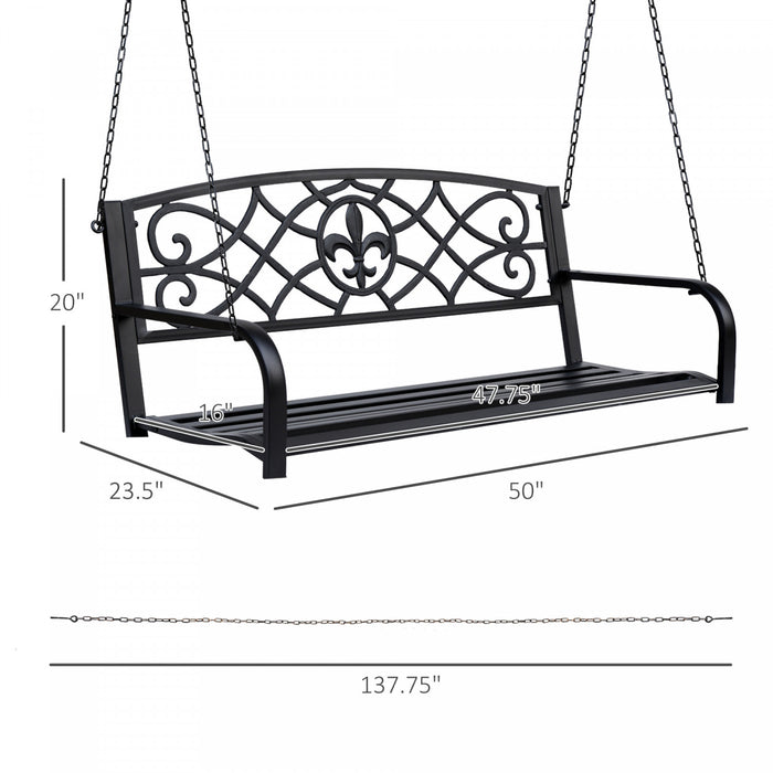Outsunny 50\"l Balancoire De Porche En Acier Fleur-de-lis Banc De Jardin Suspendu Siege De Chaise De Planeur D'exterieur Pour 2 Personnes Avec Chaine Patio De Pelouse De Style Antique Avec Chaine Noir