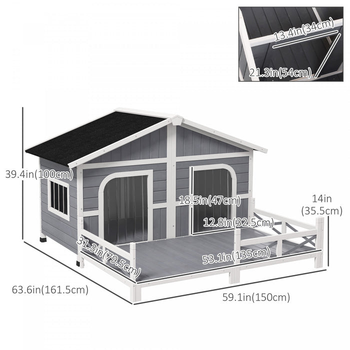 Pawhut 59\" X 64\" X 39\" Bois Grande Niche Pour Chien Style Cabine Elevee Abri Pour Animaux De Compagnie Avec Terrasse De Porche Gris