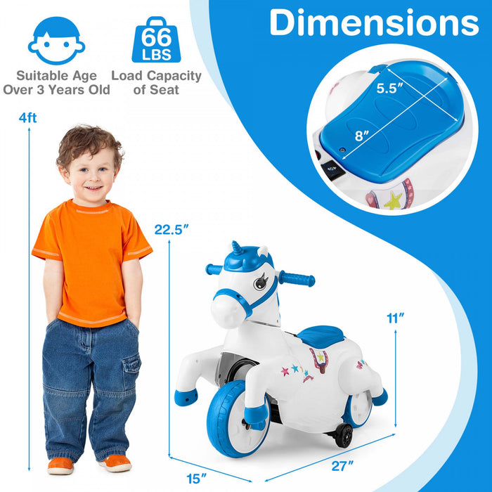 Costway 12v Enfants Monter Sur Jouet Unicorne Avec Roues D'entrainement Musique Un Bouton Demarrer Cheval Jouet Bleu