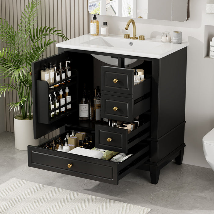 Emma Meuble-lavabo en bois massif de 30\" avec vasque en ceramique et porte a fermeture douce, Noir