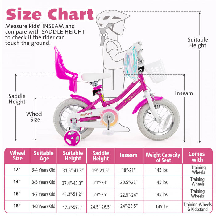 Costway 12 Pouces Enfants Velo Avec Roues D'entrainement Poupee Siege Panier Streamers Frein A Main Rose