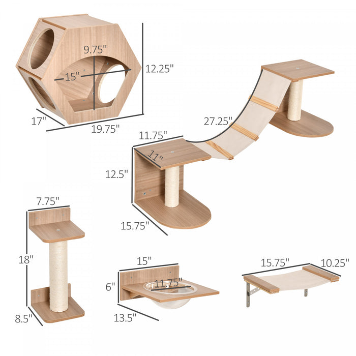 Pawhut Ensemble D'etageres Pour Chats 5 Pieces Echelle Escalier Escalade Chats Mural Avec 2 Hamacs Griffoir Plate-forme De Saut Et Niche Multicentres D'activite