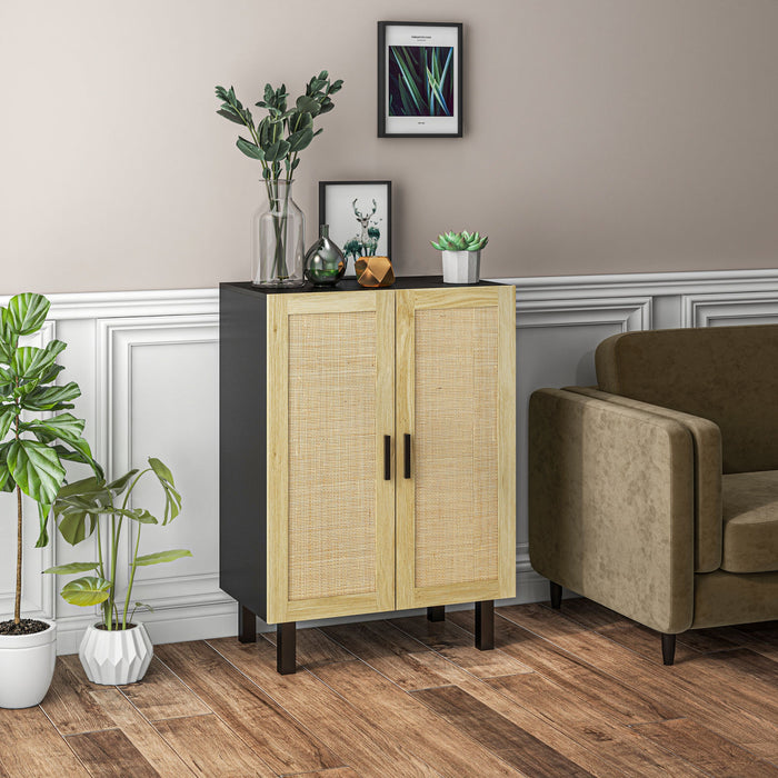 HOMCOM Buffet Boho avec portes en rotin, noir et naturel