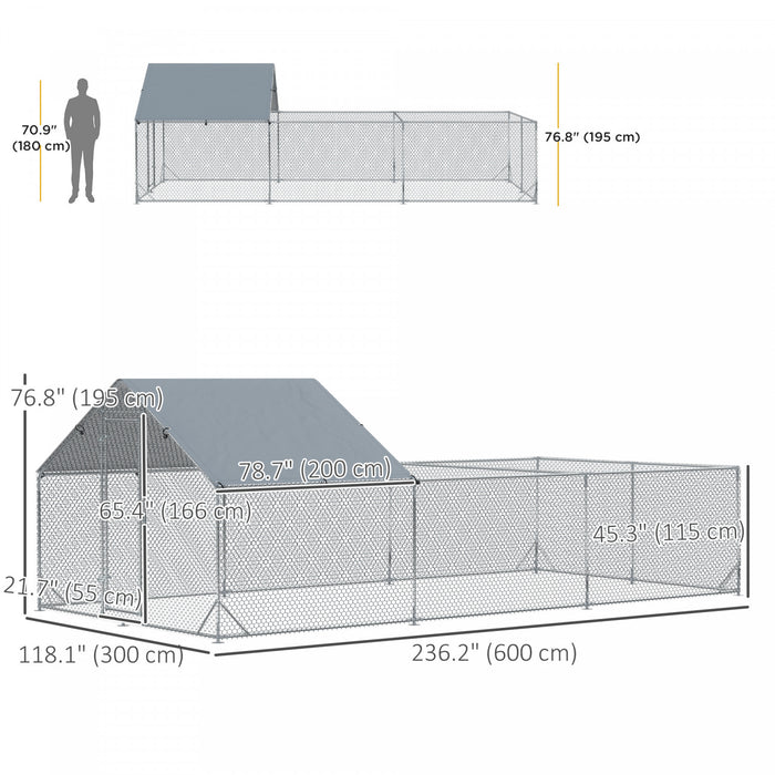 Pawhut Poulailler En Metal, 19.7' X 9.8' Avec Couverture Impermeable Et Anti-uv, Porte Pour 12-14 Poulets, Canards, Lapins, Pour L'exterieur, La Cour, La Ferme, Argente