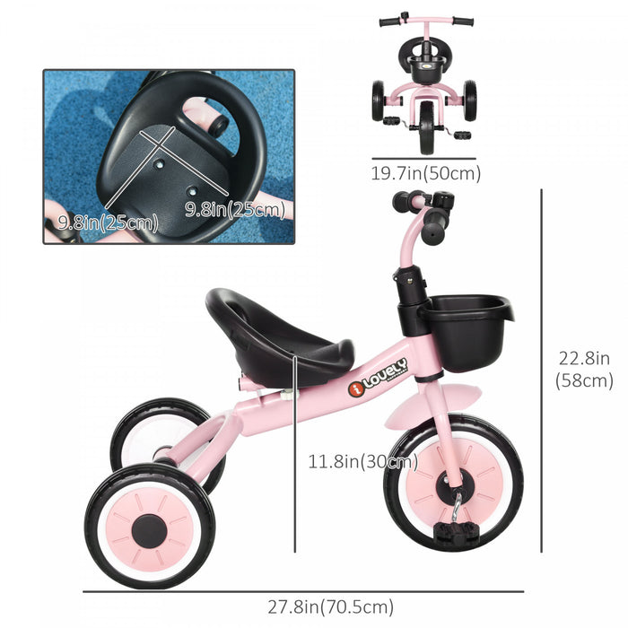 Qaba Tricycle Pour Tout-petits Filles Et Garcons De 2 A 5 Ans, Velo Avec Siege Reglable, Panier, Cloche, Rose