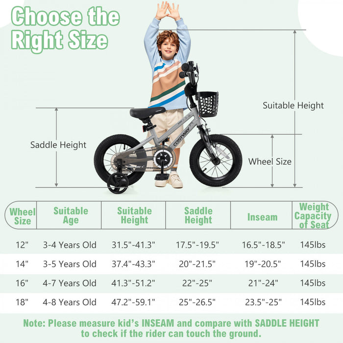 Costway 12\" Velo Pour Enfants Avec Roues D'entrainement Guidon Reglable Et Frein A Main De Siege Argent