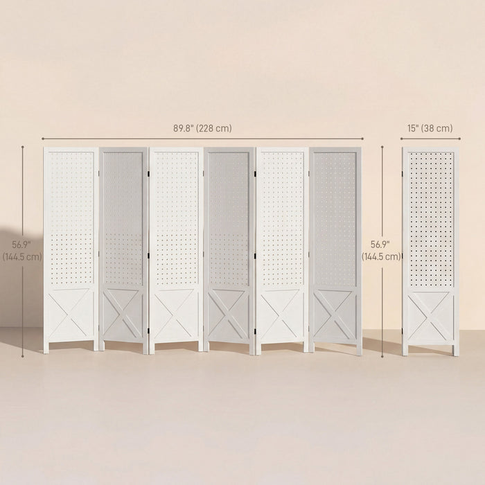 HOMCOM Paravent a 6 Panneaux avec Panneau Perfore pour Interieur, Blanc