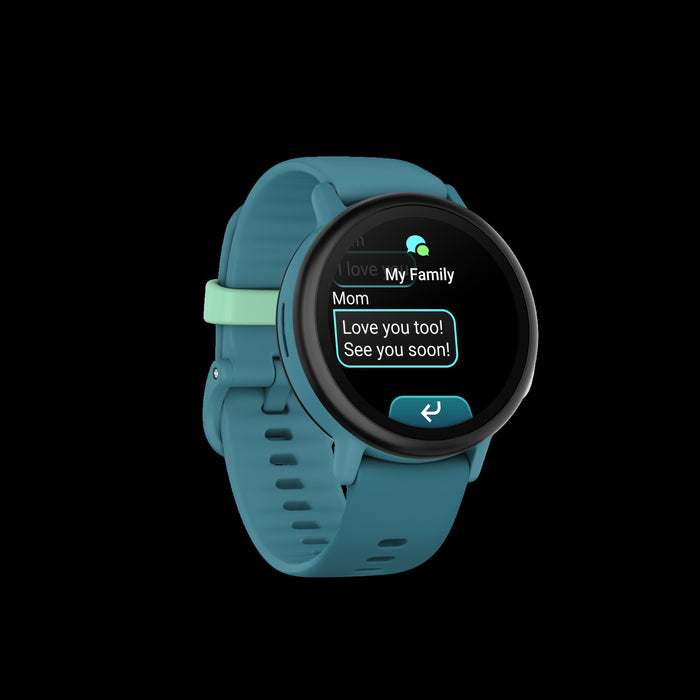 Montre intelligente Garmin Bounce 2 Turquoise pour enfants - Suivi d'activite, communication bidirectionnelle, mises a jour meteo, alarmes chronometre, fonction d'assistance, defis familiaux