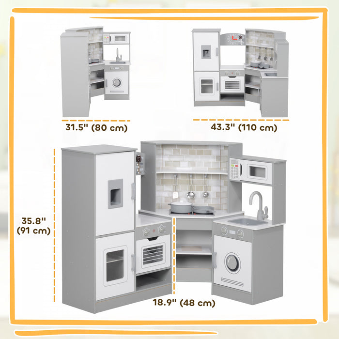 Qaba Cuisine De Jeu D'angle Pour Enfants, Ensemble De Simulation De Cuisine Avec Lumieres Et Sons, Cuisiniere, Machine A Glacons, Micro-ondes, Pour Enfants De 3 Ans Et Plus